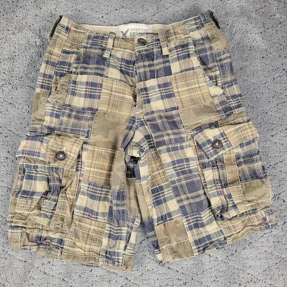 American Eagle Cargo Shorts Mens 26 Plaid Classic Length Relaxed Grunge Skater